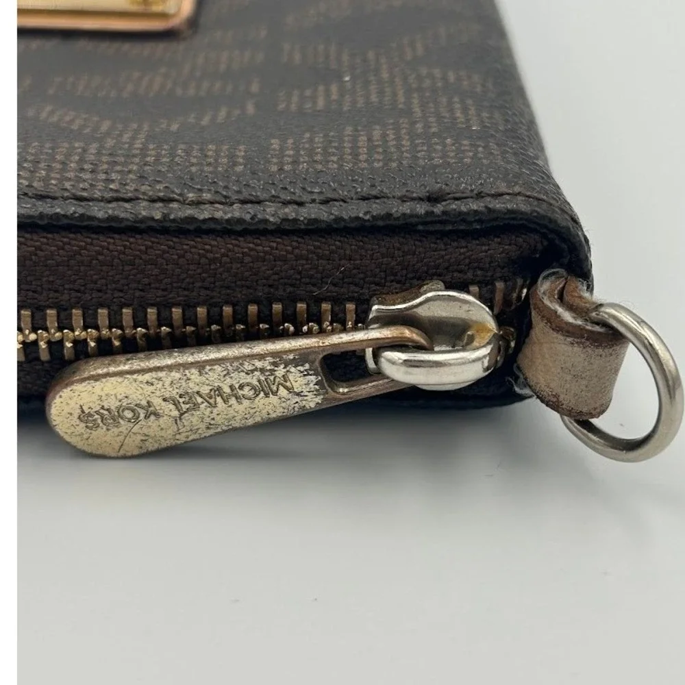 Michael Kors Dark Brown‎ Monogram MK Logo Zip Around Wallet Goldtone Hardware